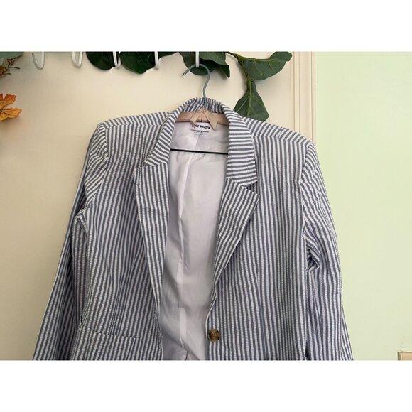 Steve Madden Blazer Womens XL Blue White Striped Seersucker Large Pocket Jacket - Picture 10 of 12